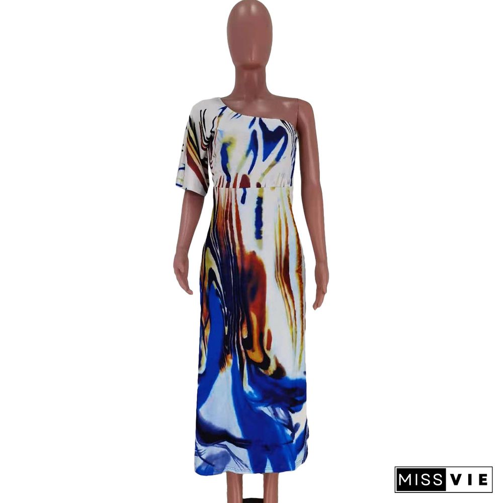 Summer Fashion Women Print Skew Shoulder Short Sleeve Loose Fit Beach Party Long Maxi Dress