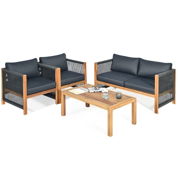 Gymax 4PCS Acacia Wood Outdoor Patio Furniture Set Cushioned Sofa