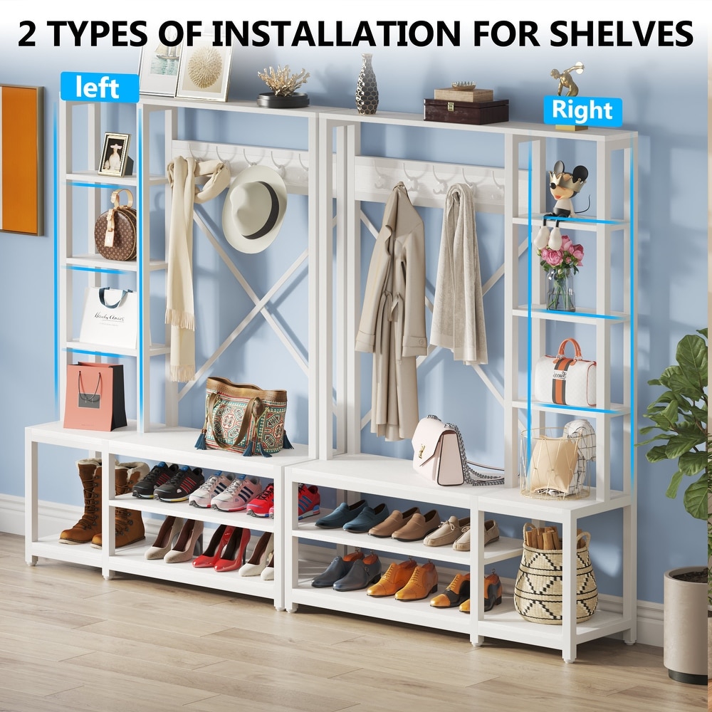 Entryway Hall Tree Coat Rack with Shoe Bench and Side Storage Shelves