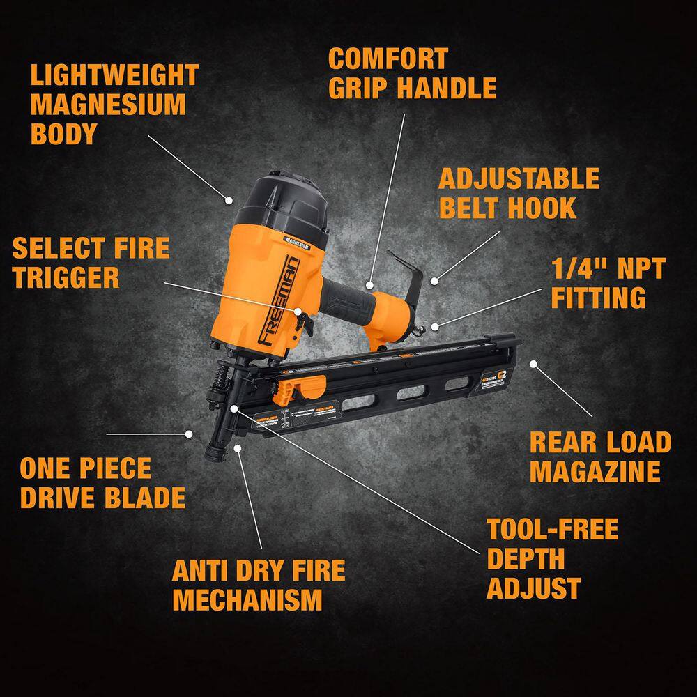 Freeman 2nd Generation Pneumatic 21 Degree 3-12 in. Framing Nailer with Metal Belt Hook and 14 in. NPT Air Connector G2FR2190