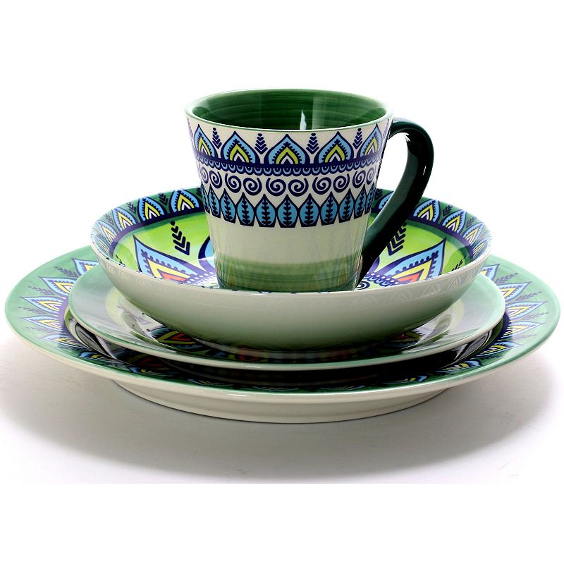 Elama Zen Green Mozaik 16 Piece Luxurious Stoneware Dinnerware with Complete Setting for 4， 16pc