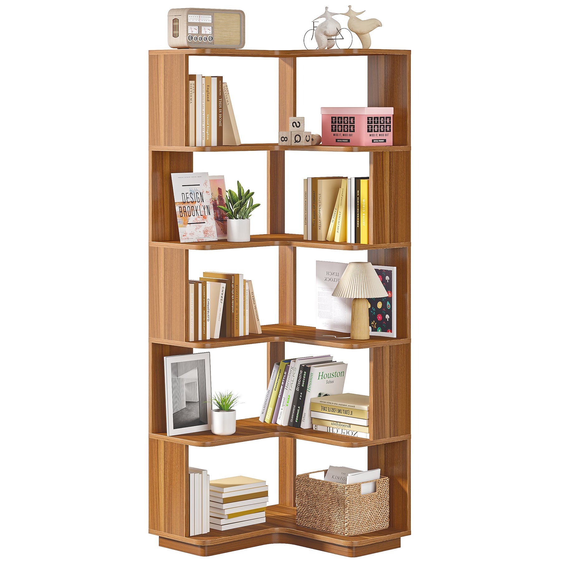 6-Tier Corner Bookshelf, 64.96 Corner Bookcase with Anti-Drop Panel