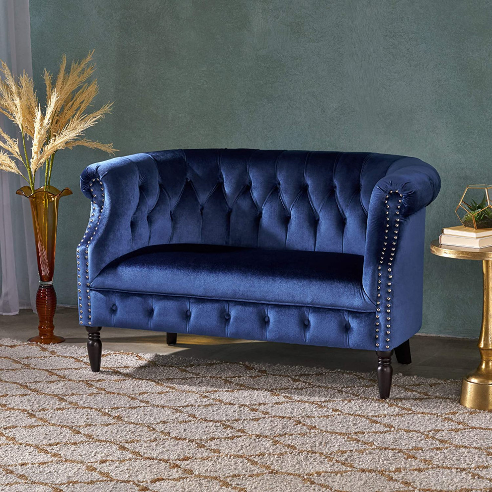 Traditional Chesterfield Loveseat  Velvet Seat and Scrolled Arms   Traditional   Loveseats   by Declusia  Houzz