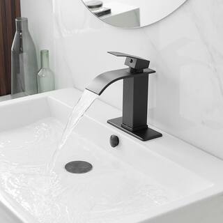 BWE Waterfall Single Handle Single Hole Low-Arc Bathroom Faucet Bathroom Drip-Free Vanity Sink Faucet in Matte Black A-96021B-SS