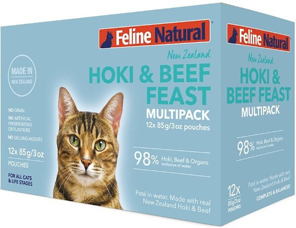 Feline Natural Hoki and Beef Feast Grain-Free Wet Cat Food， 3-oz pouch， case of 12