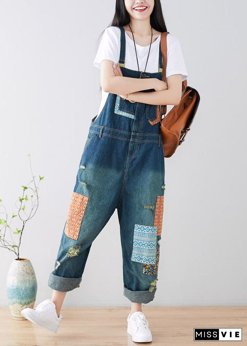 Art Blue pockets Patchwork ripped denim Jumpsuit Spring