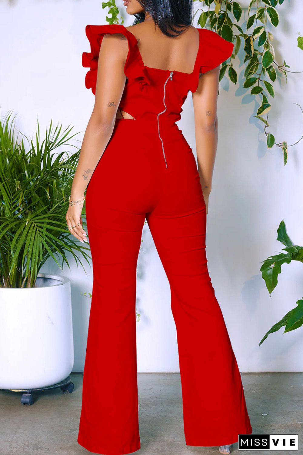 Elegant Solid Patchwork Flounce Zipper Square Collar Regular Jumpsuits