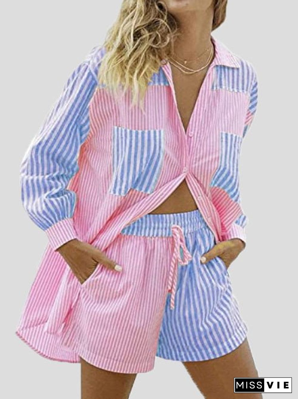 Women'S Sets Striped Shirt & Pocket Shorts Two-Piece Set