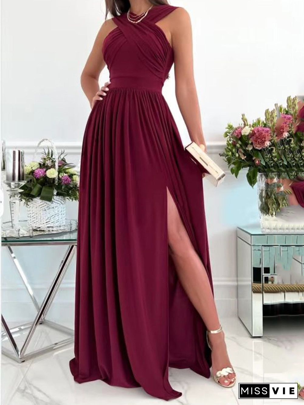 Women'S Dresses Halterneck Open Back Sleeveless Slit Dress