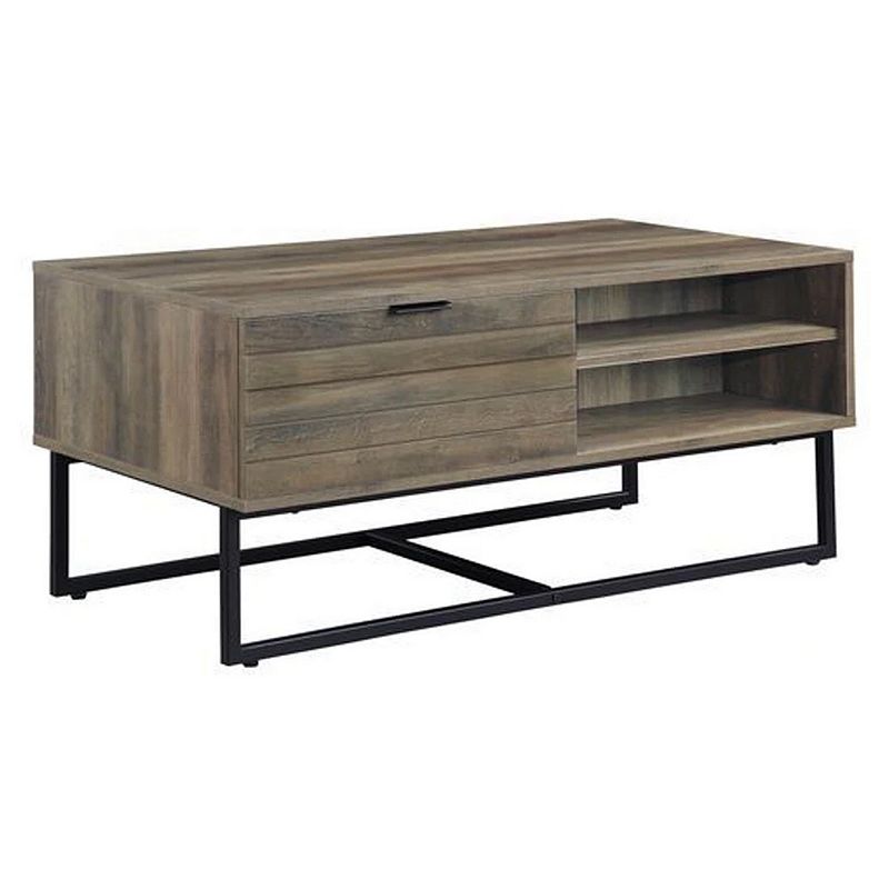 Coffee Table with 2 Open Compartments and Tubular Frame， Oak Brown