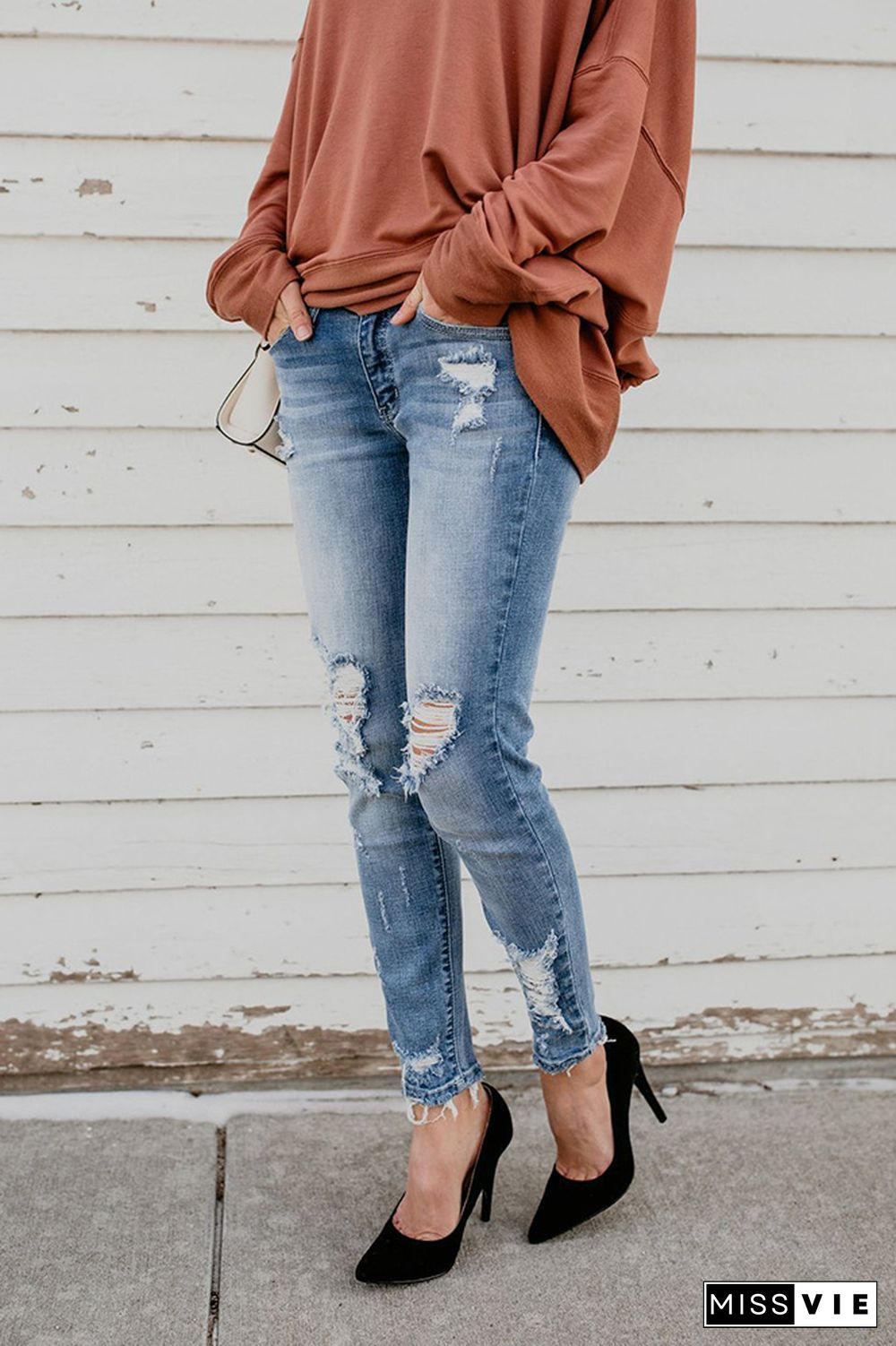 Distressed Ripped Slastic Skinny Jeans