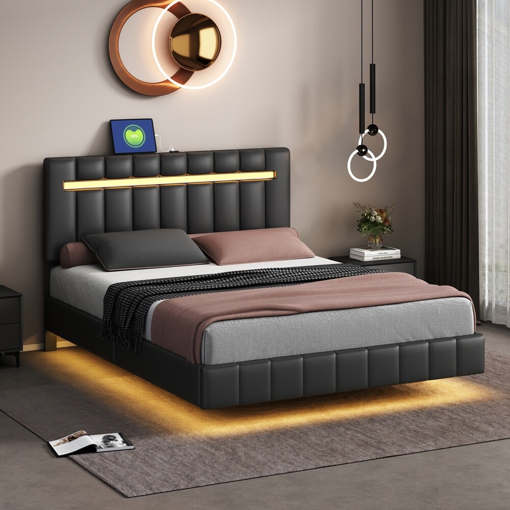 Floating Bed Frame w/ LED Lights PU Headboard USB Charging Queen Black