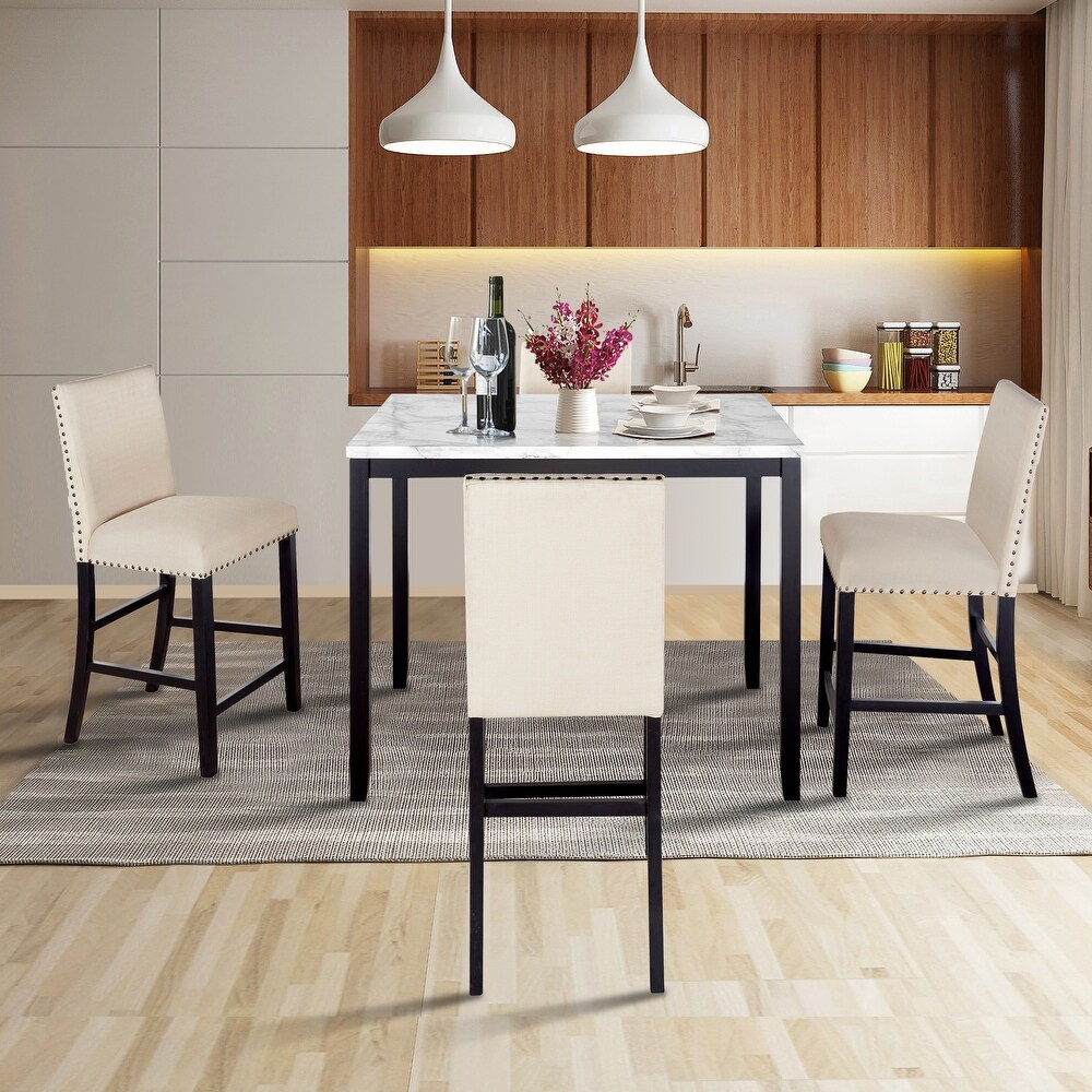 5 Piece Counter Height Dining Table Set with Upholstered Chairs  Beige