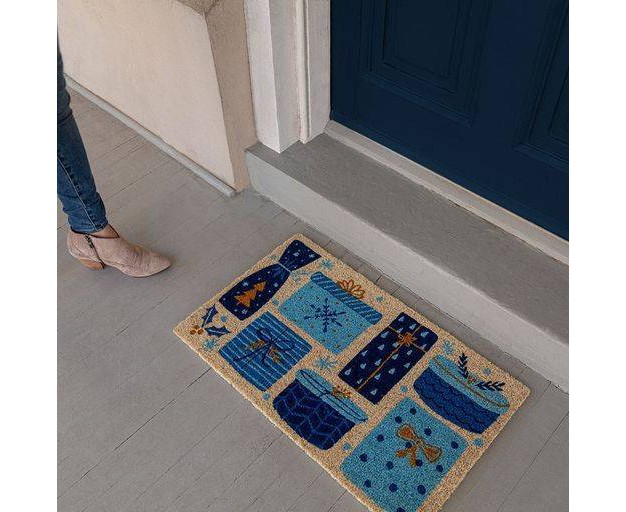 X 2 x27 4 quot Christmas Presents Indoor outdoor Coir Doormat Blue gold Entryways