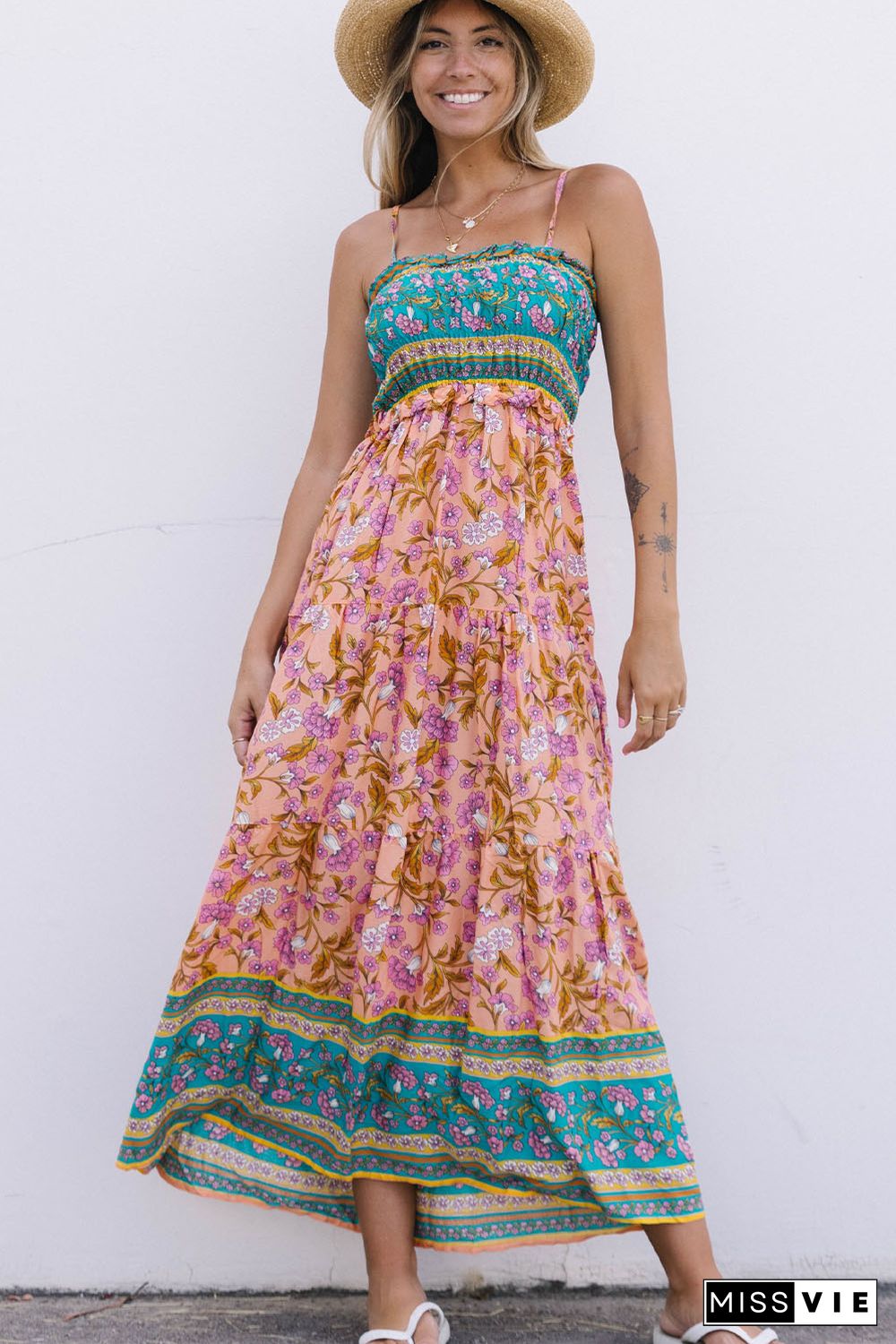 Floral Print Bodice Spaghetti Strap Maxi Dress