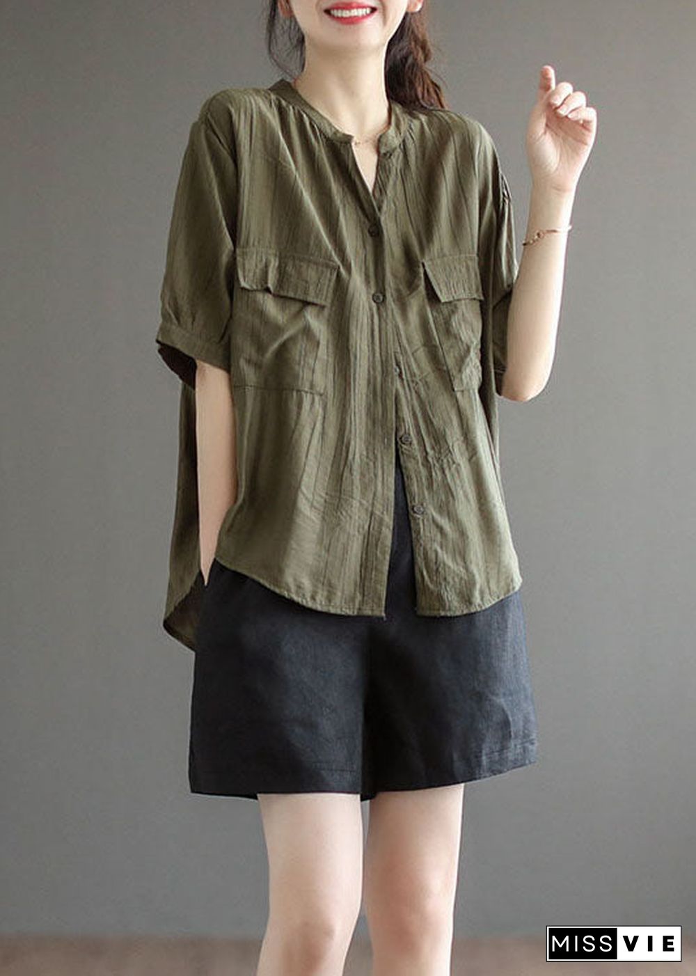 Style Army Green V Neck Solid Wrinkled Button Cotton Shirt Tops Short Sleeve