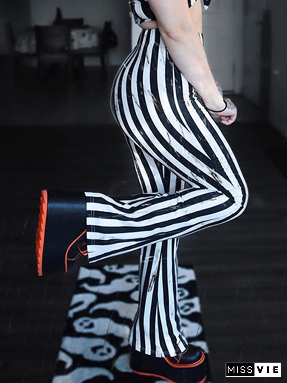 Contrast Color Striped High Rise Flare Leg Pants