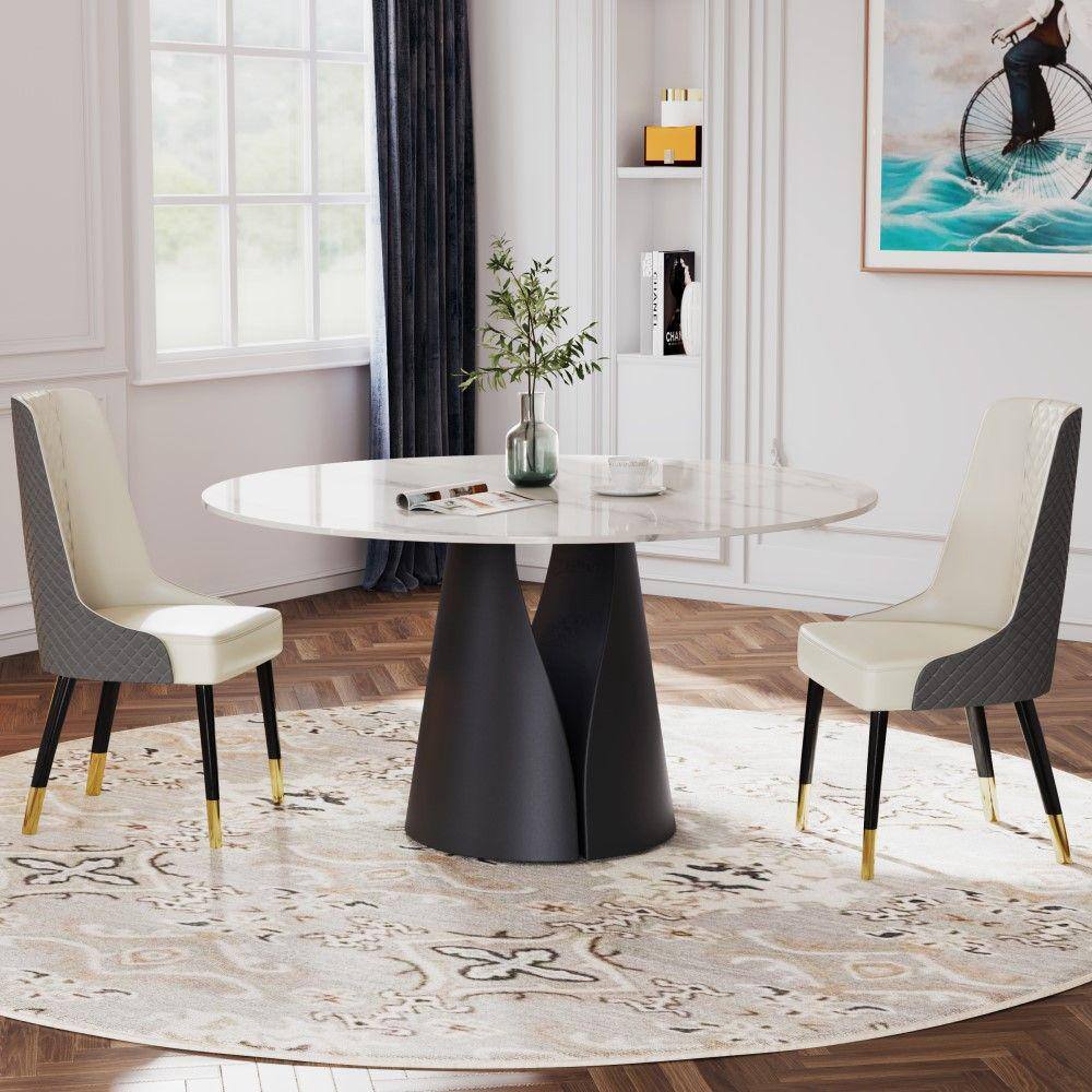 JE Home 53.15 in. White Modern Round Sintered Stone Top Dining Table with Carbon Steel Base Seats 6 PVS-DT010JX01