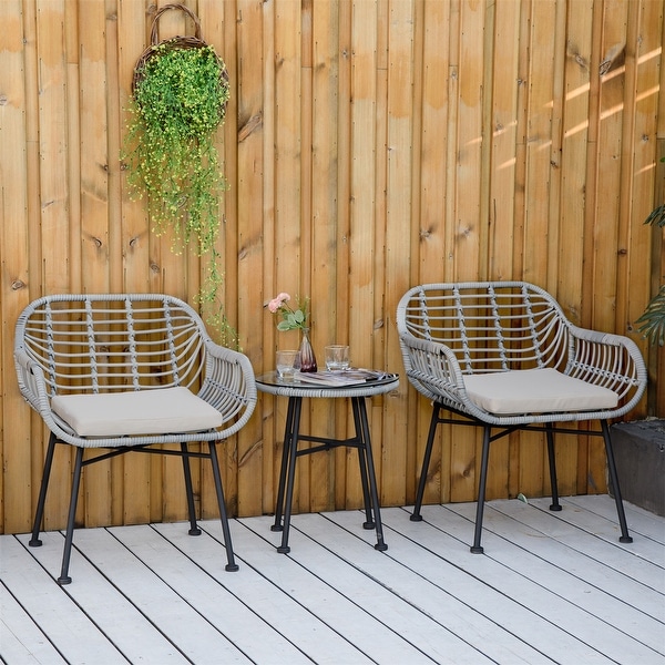 3 Piece Patio Set，PE Rattan Wicker Chairs and Table with Tempered Glass