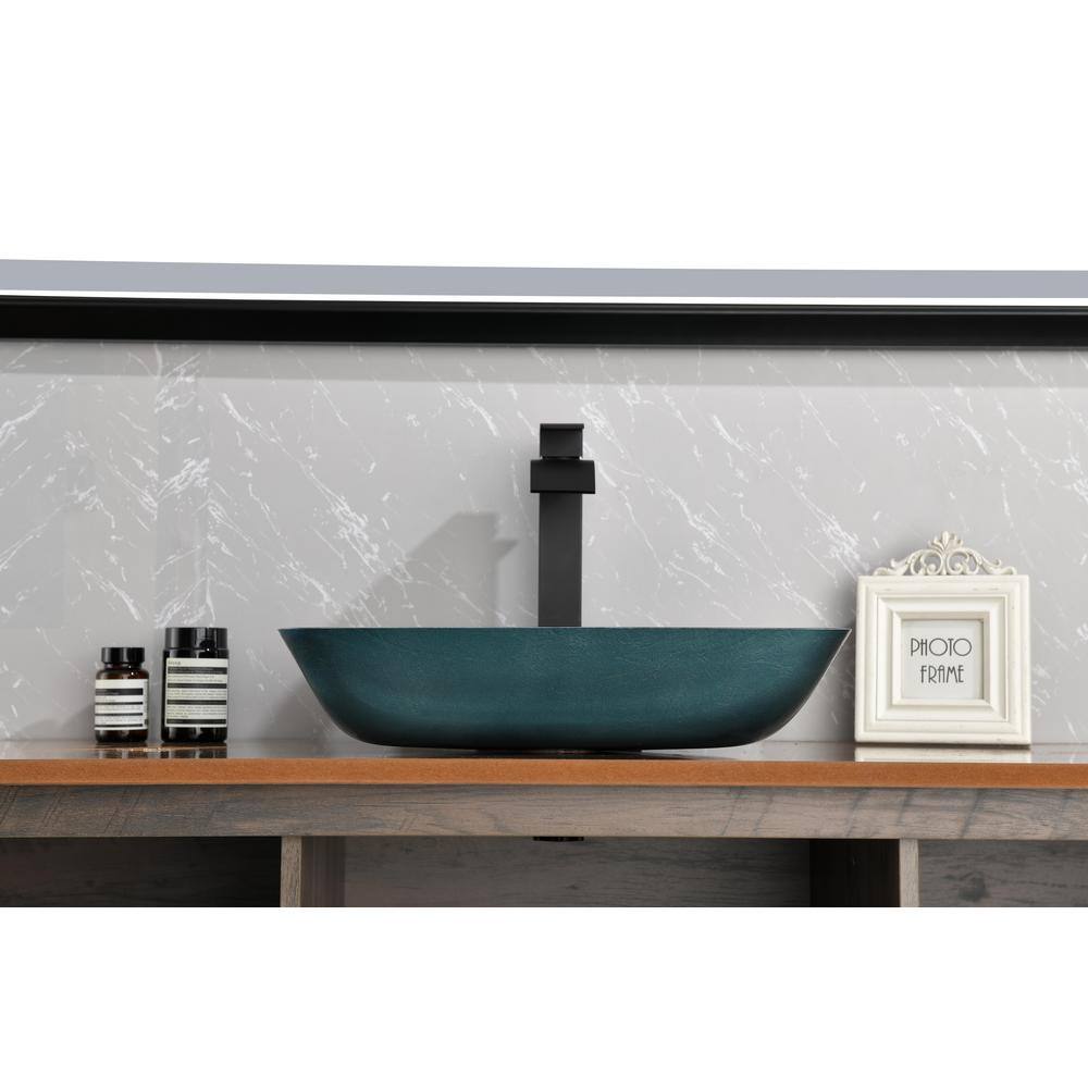 Handmade Countertop Glass Rectangular Vessel Sink in Blue with Single-Handle Faucet and Pop Up Drain in Matte Black W-Sun-12