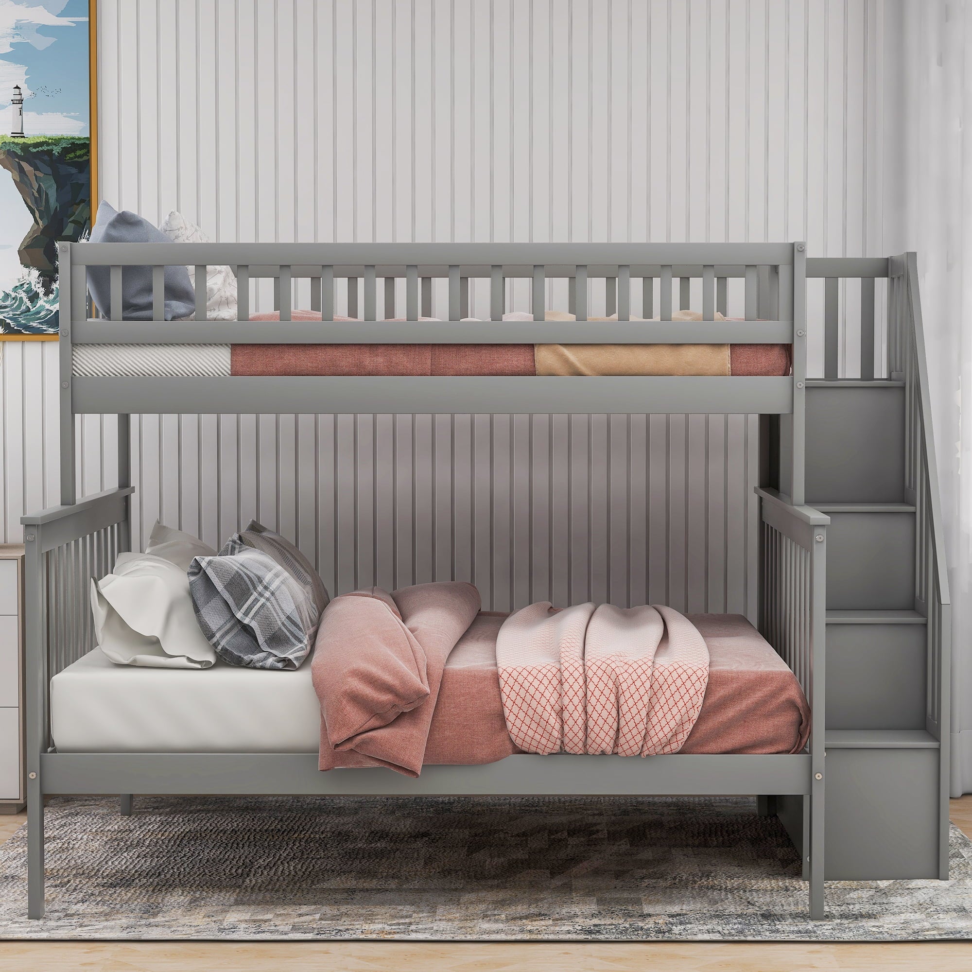 Euroco Twin Over Full Bunk Bed with Stairs and Storage for Kids, Gray