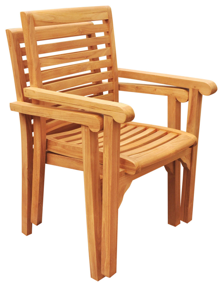 Hari Stacking Arm Chairs  Teak Outdoor Dining Patio  Set of 2   Transitional   Outdoor Dining Chairs   by Teak Deals  Houzz