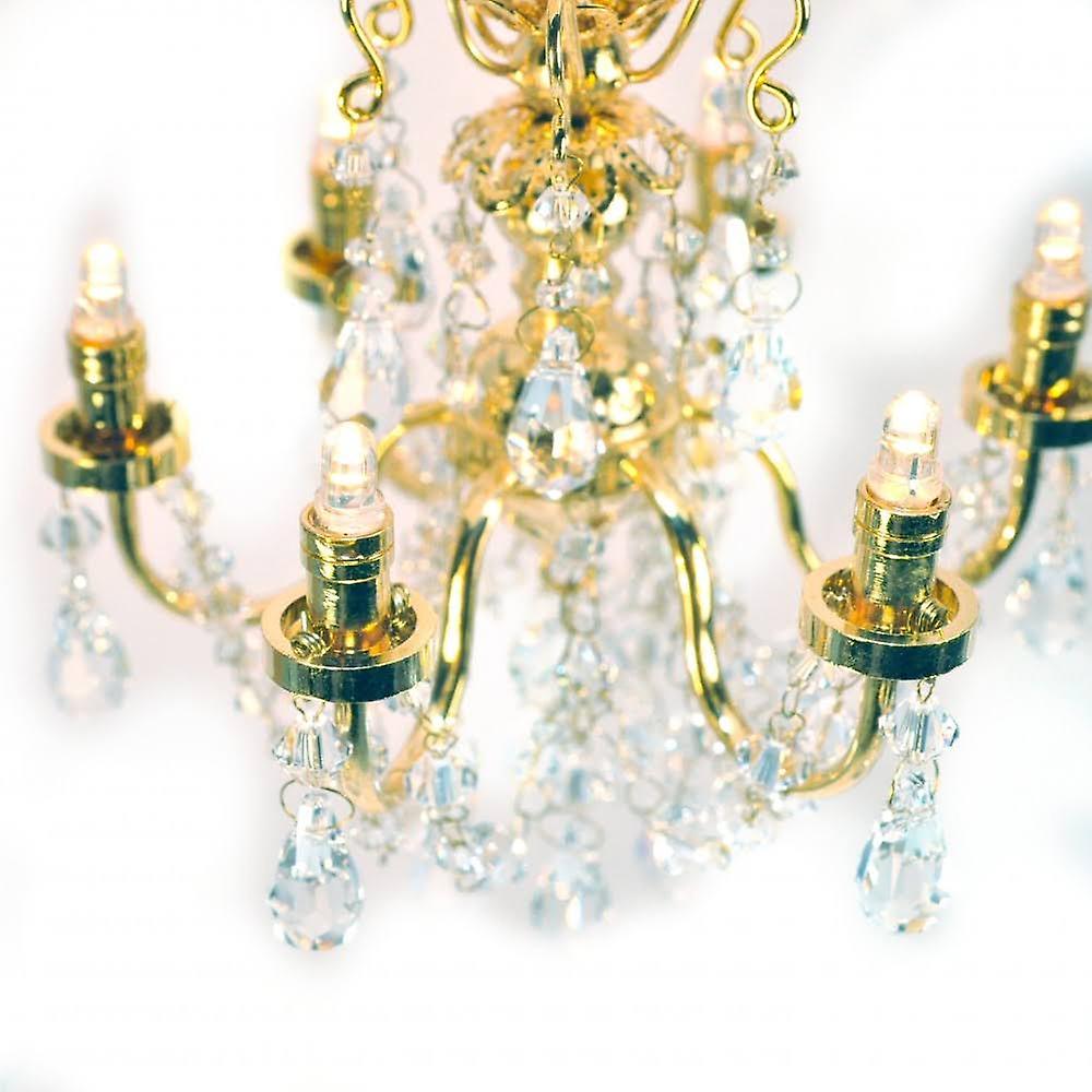 Dolls House Real Crystal 6 Arm Chandelier Gold Finish Led Battery Lighting 1:12