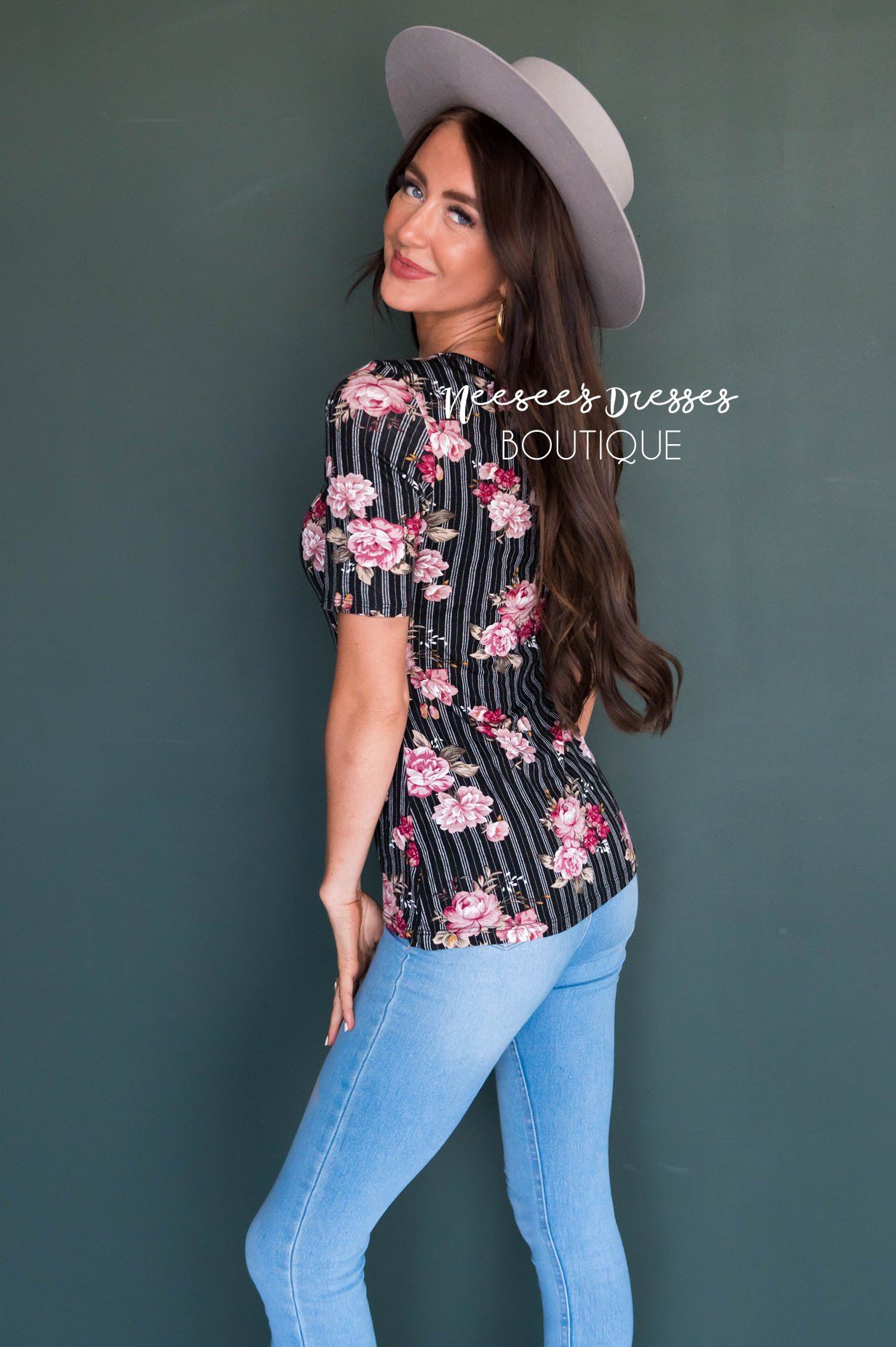 Pinstripe Floral Modest Top