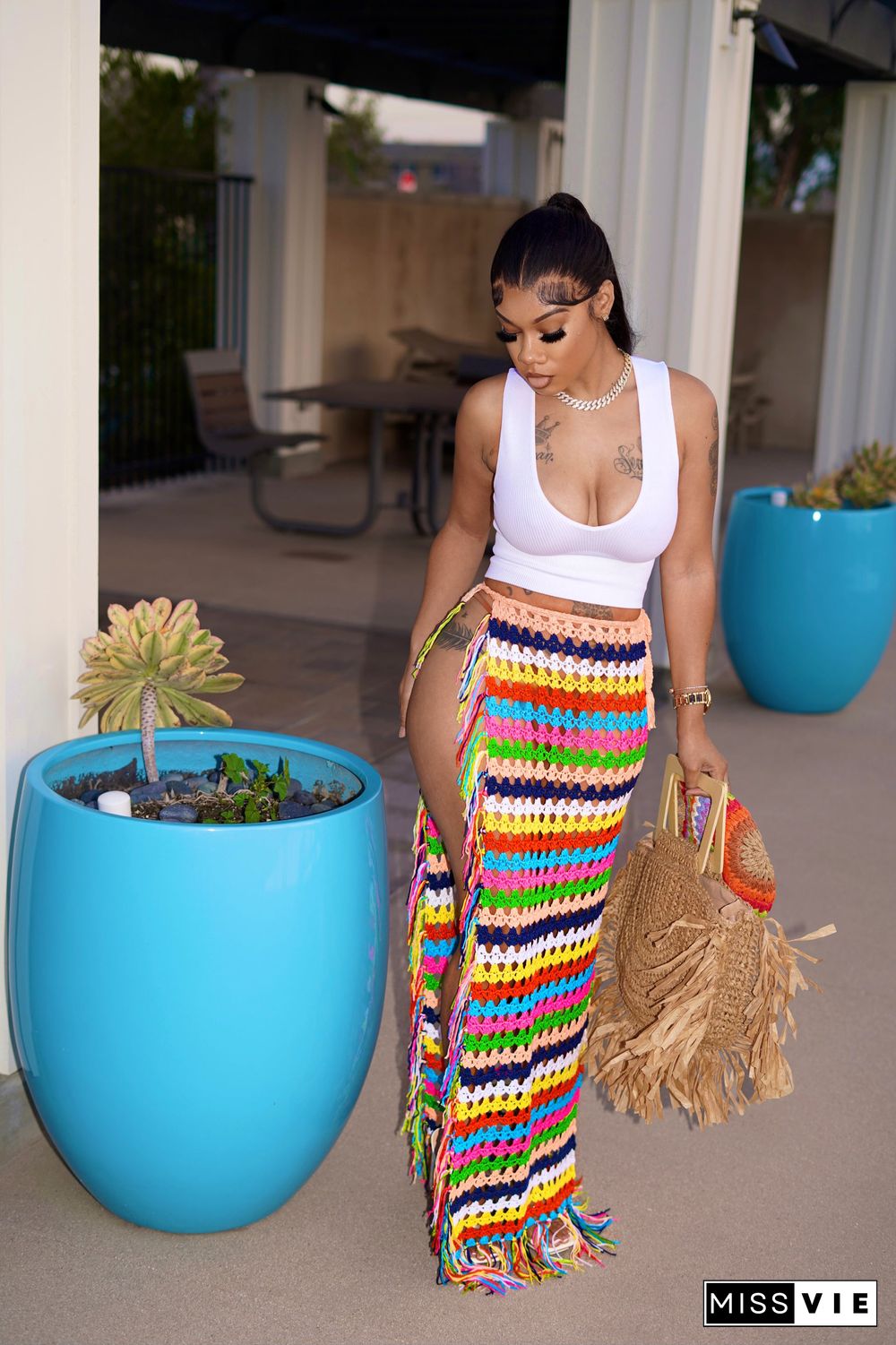 Rainbow Crochet Knitted Tassel Beach Cover Up Skirt