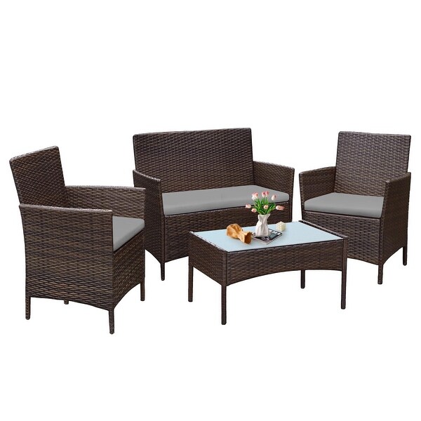 4 Piece Patio Conversation Wicker Furniture Set，Outdoor Rattan Sectional Furniture Set With Cushions