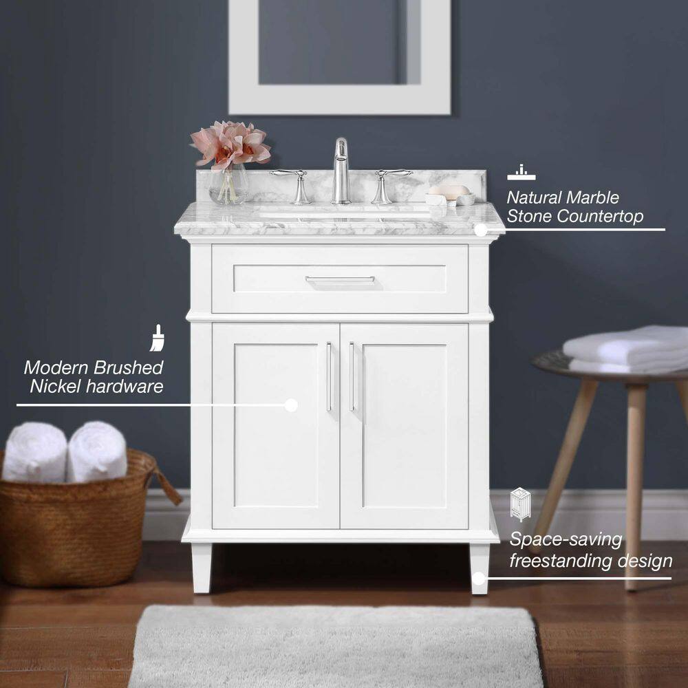 Home Decorators Collection Sonoma 30 in. W x 22 in. D x 34 in. H Bath Vanity in White with White Carrara Marble Top Sonoma 30W