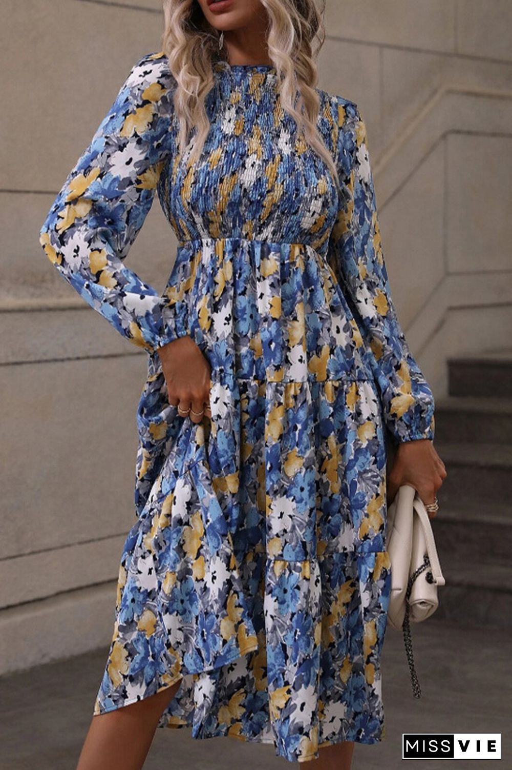 Elastic Waist Puff Sleeves Ruffle Printing Dress