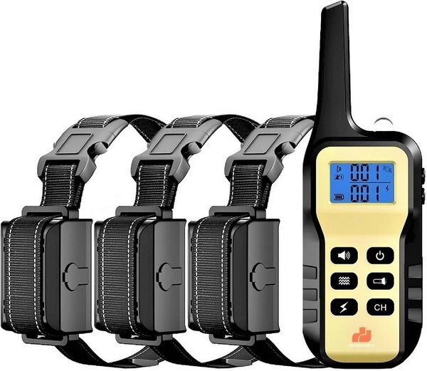 GROOVYPETS Three-Dog Set 1100 Yard Auto Anti Bark， Humane Beep， Vibration， Static Shock Waterproof Rechargeable Dog Training Shock Collar System