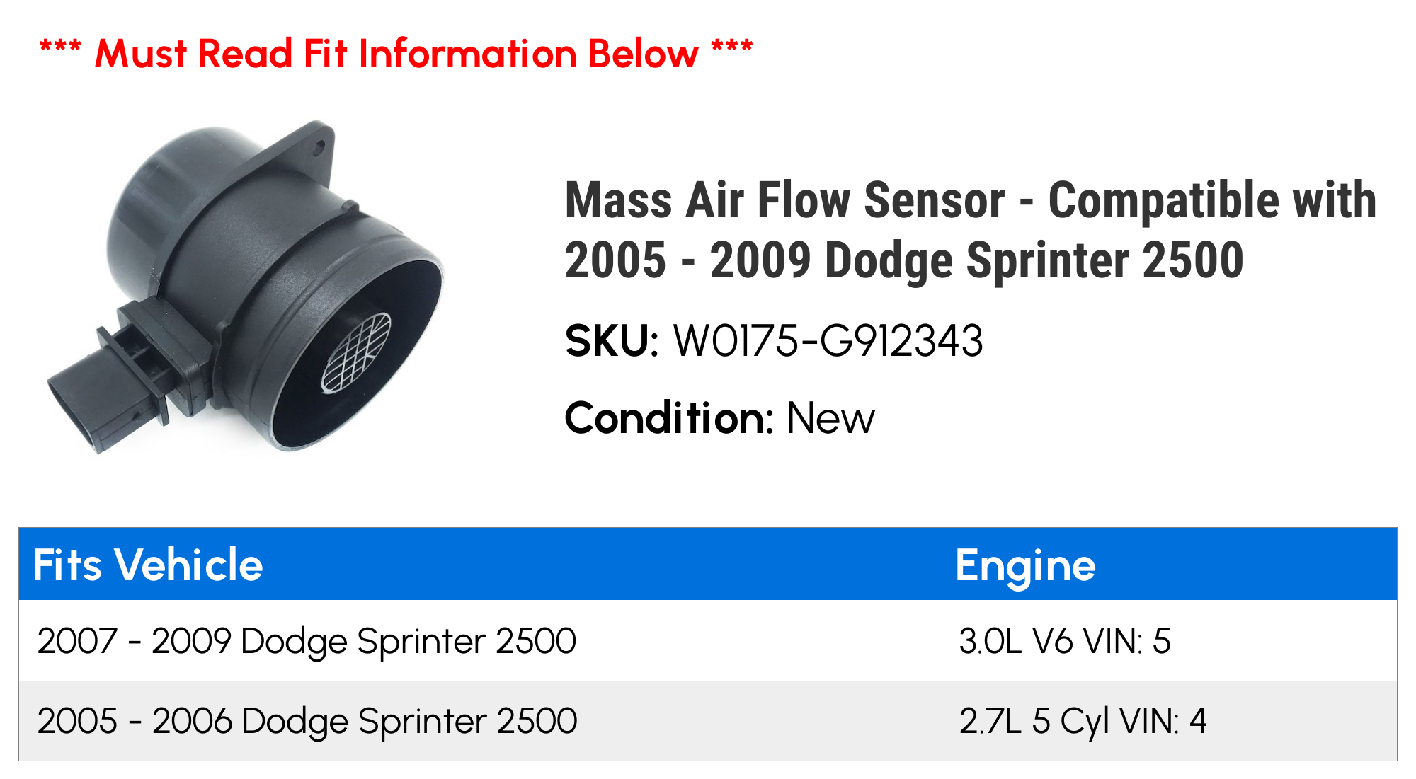 Mass Air Flow Sensor - Compatible with 2005 - 2009 Dodge Sprinter 2500 2006 2007 2008