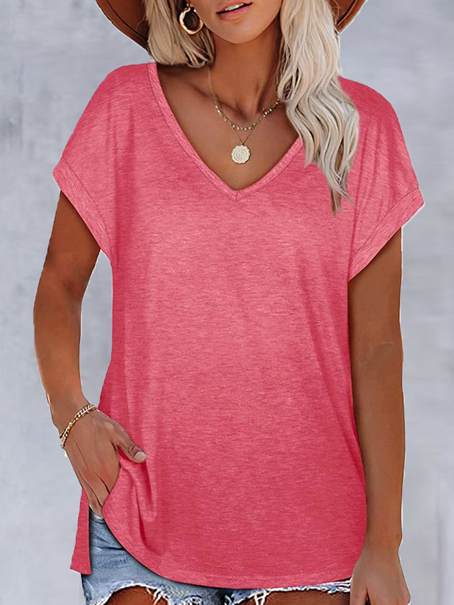 V-neck Casual Loose Solid Color Short-sleeved T-shirt