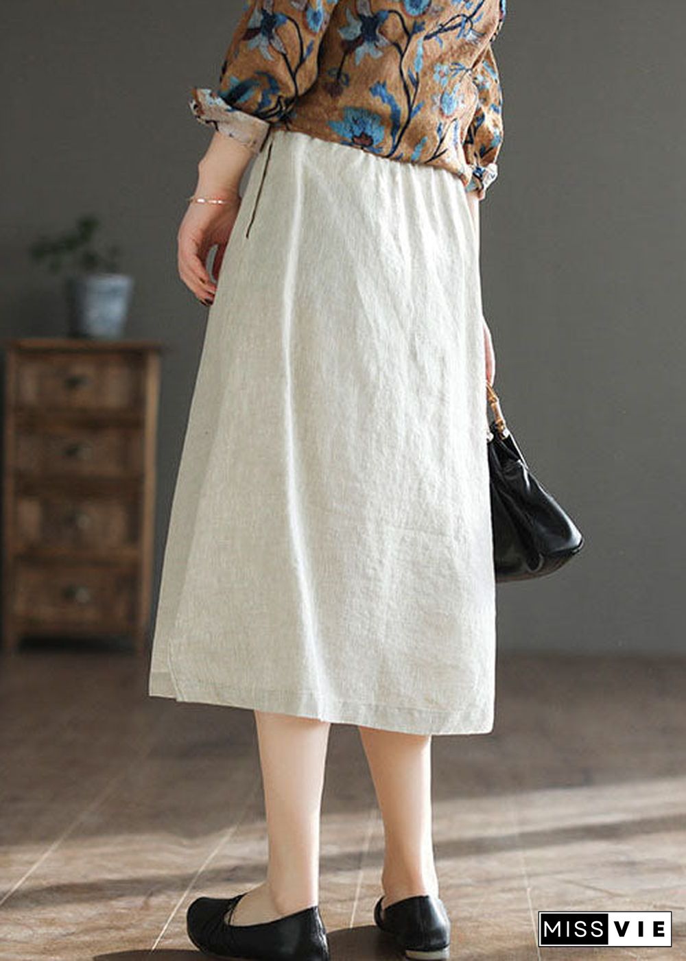 Linen Colour Side Open Linen A Line Skirt High Waist Drawstring Summer