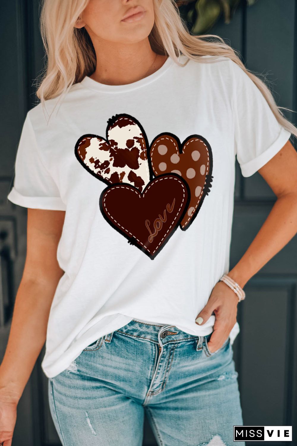 White Valentine'S Western Fashion Day Heart Print T-Shirt