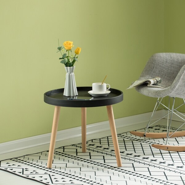 Modern Plastic Round Side Table Accent Coffee Table with Beech Wood Legs