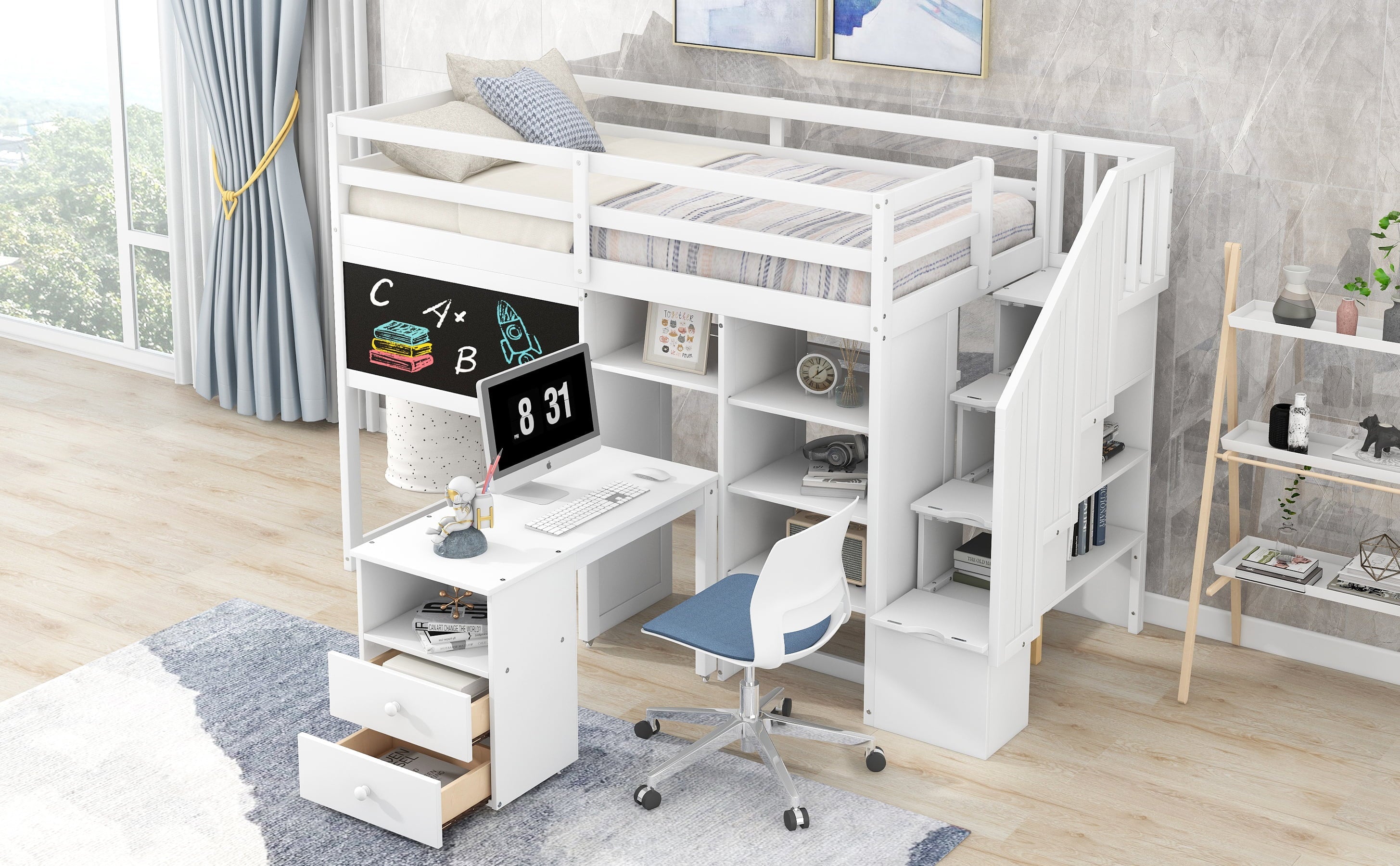 Pine Wood Loft Bed with Storage Staircase, Desk, Drawers and Blackboard for Kids, Twin, White