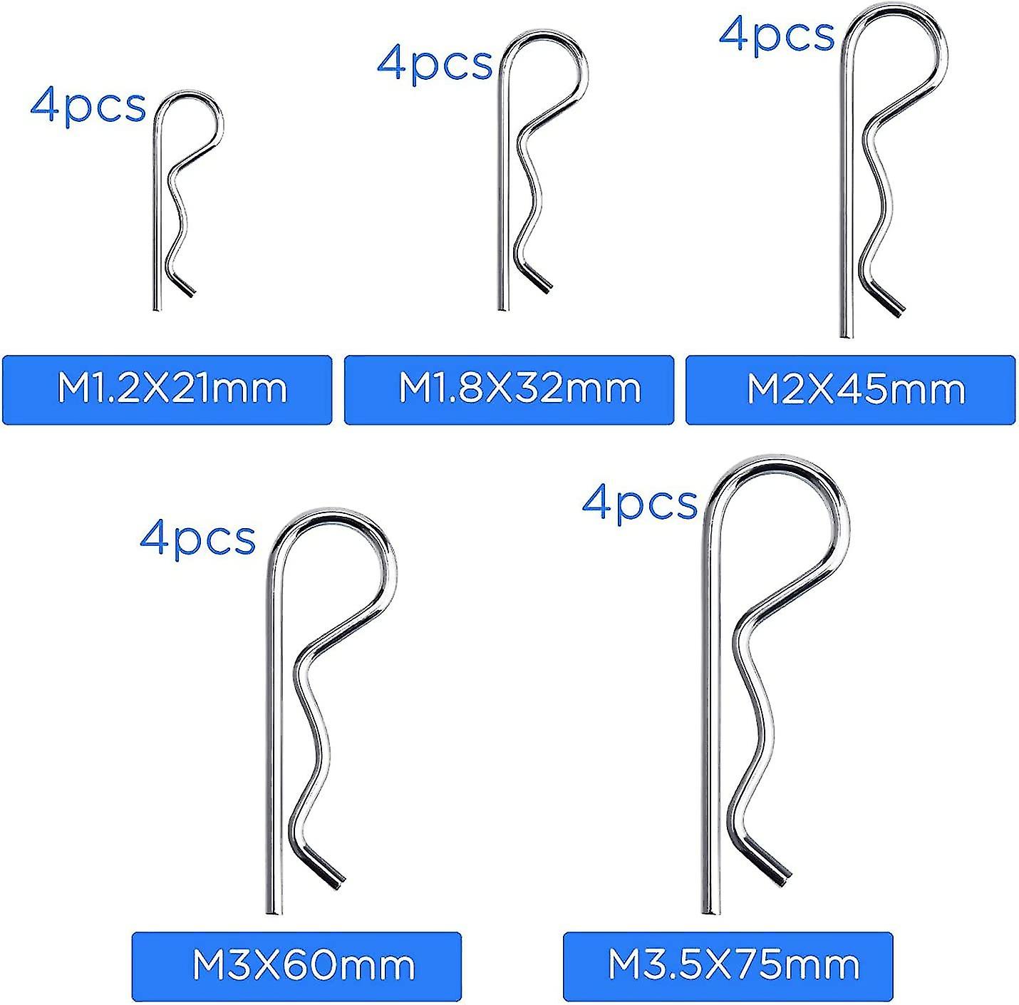 20pcs R Clips Retainer Pins，zinc Plated Heavy Duty Cotter Pin Hitch Pin Assortment Kit，m1.2-m3.5