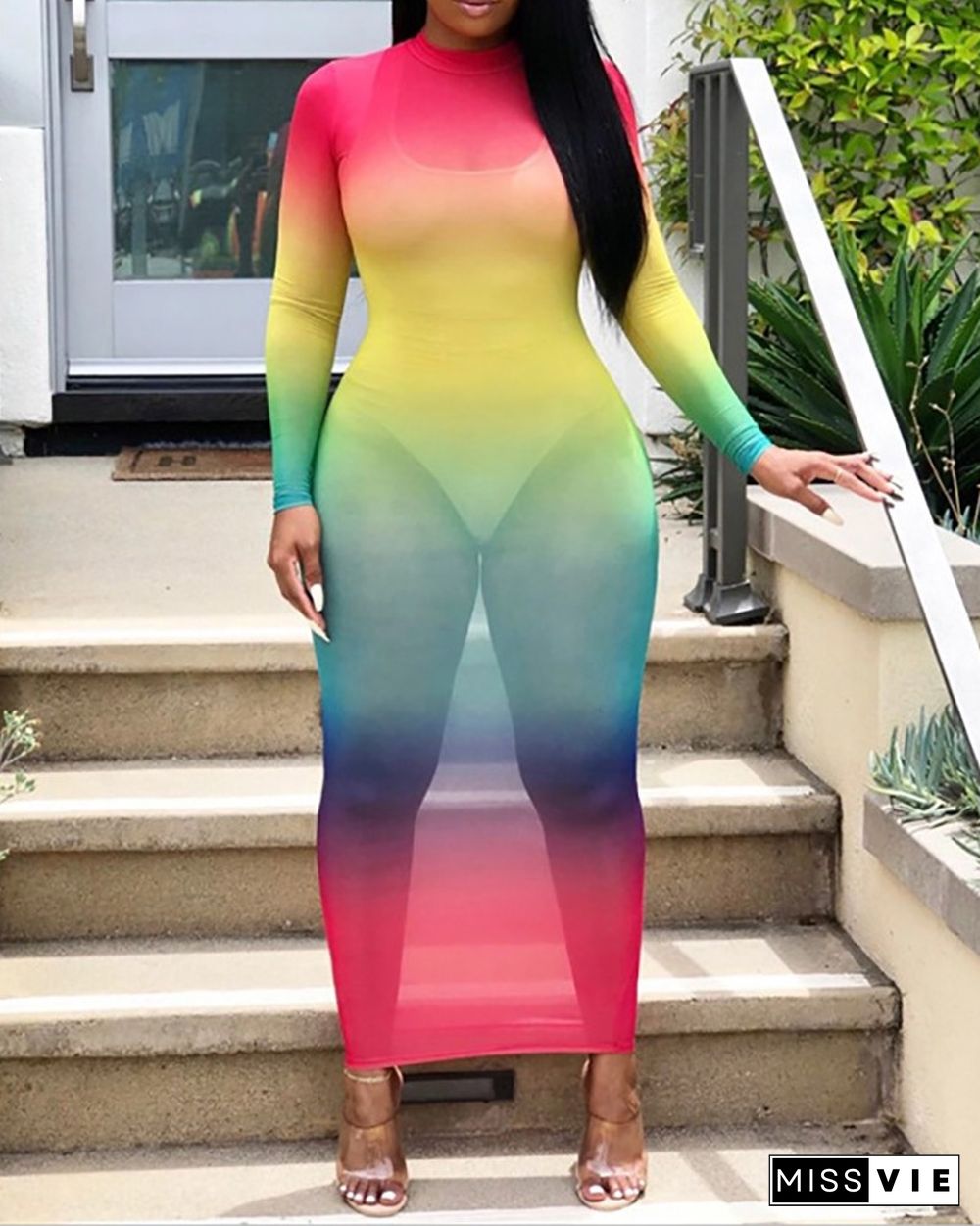 Long Sleeve Colorblock Sheer Maxi Dress