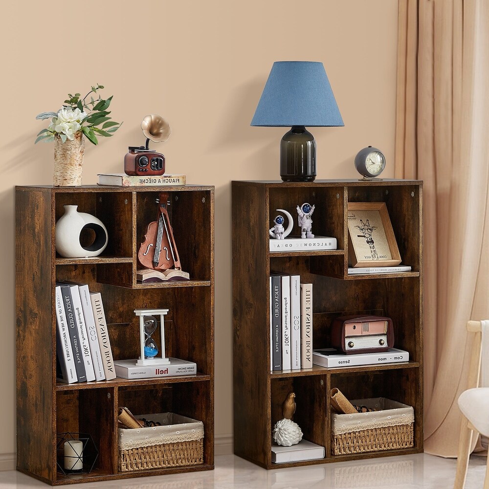 VECELO  Widened Version，(Set of 2)2 Tier Five Open Cube Wooden Bookcase Organizer  Bookshelf