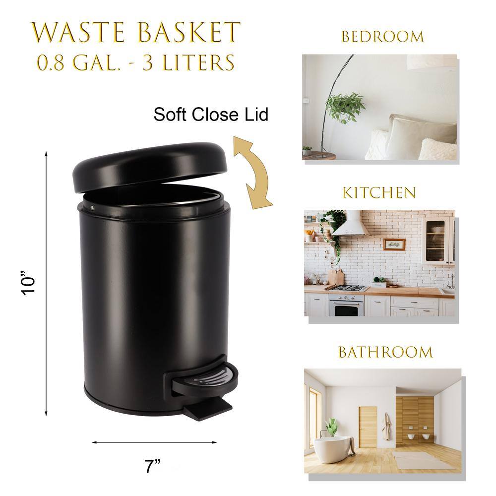 3 l 0.8 Gal. Soft Close Small Round Metal Bath Floor Step Trash Can Waste Bin in Black 6543103