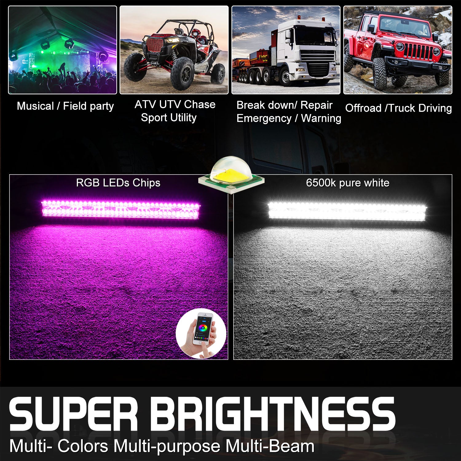 RGB LED LIGHT BAR OFFROADTOWN APP Wireless Bluetooth Spot RGB Multi-Color Music Strobe Halo W/ Flood 3000k Off-Road Driving Reverse Pods Tractor 4WD 12V， W/ PLUG PLAY WIIRNG HARNESS KIT