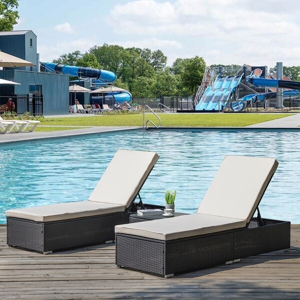 3-Piece Rattan Wicker Patio Chaise Lounge Set， 2 Adjustable Lounge Chaise and Side Table