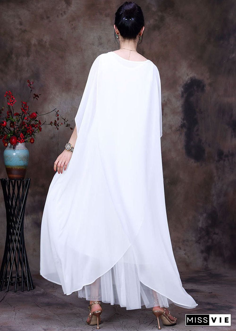 Bohemian White O-Neck asymmetrical design Chiffon Cloak Dress Batwing Sleeve