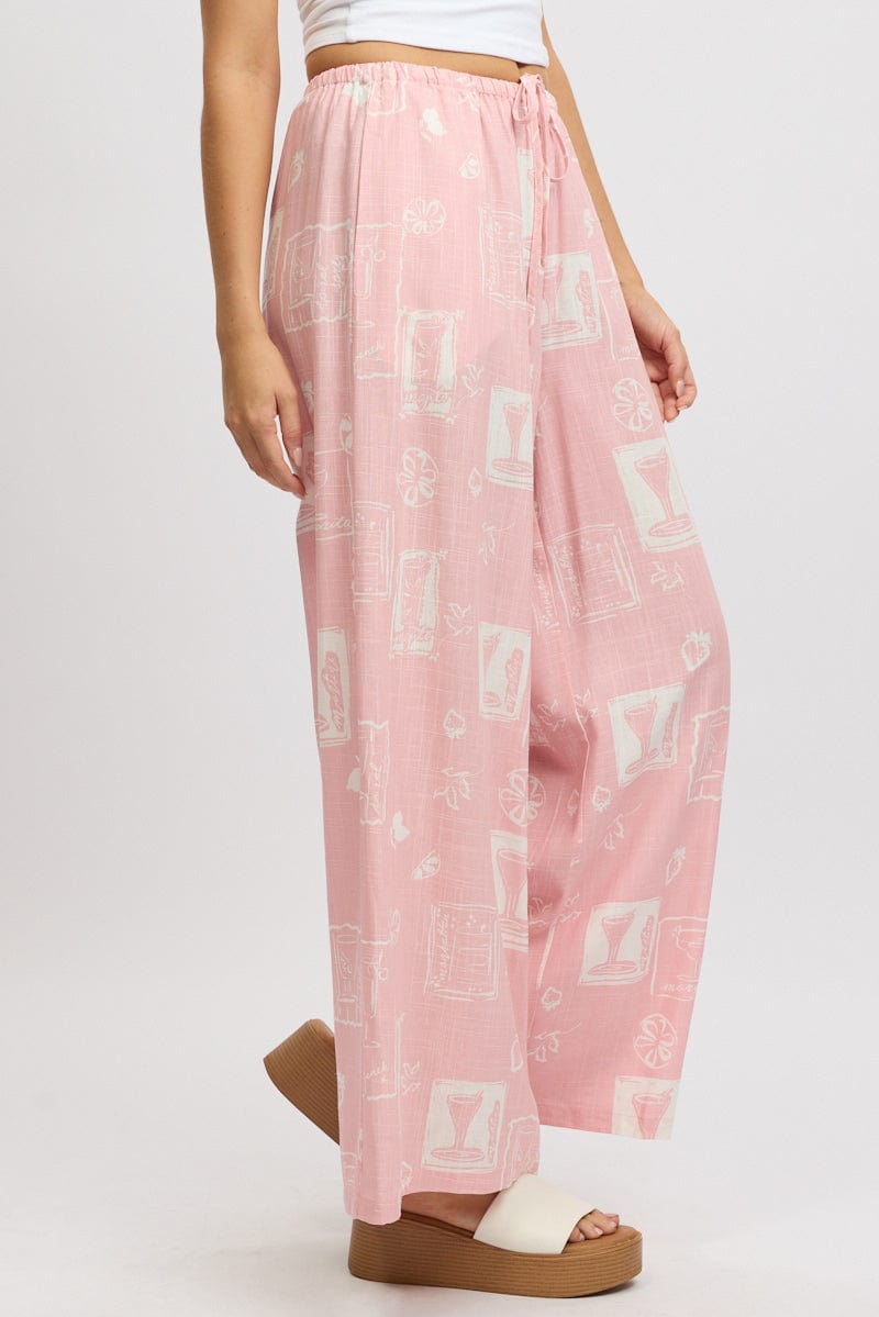 Pink Abstract Wide Leg Pants High Rise