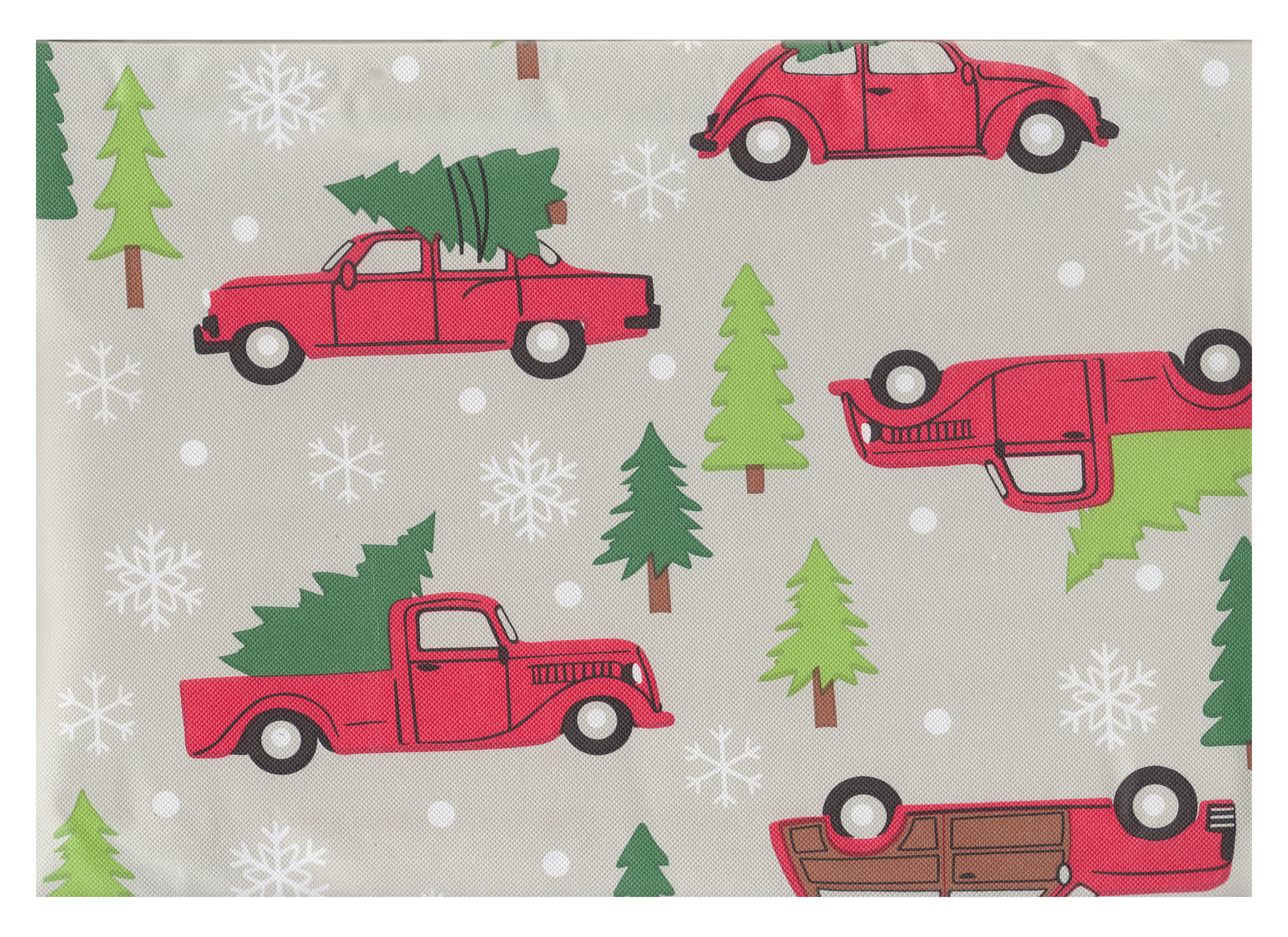 St. Nicholas Square Christmas Kitchen Tablecloth，  Flannel Backing， Cars and Red Truck Theme， 52 x 70 inches