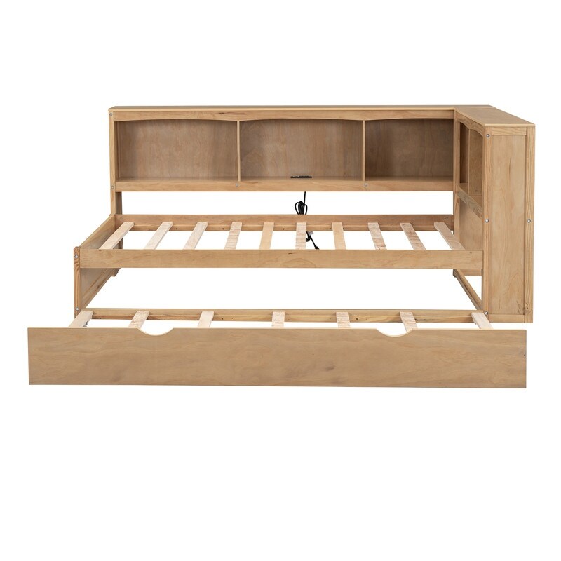 Twin Size Day Bed with Bookcases and Trundle and USB Ports  Wood Color