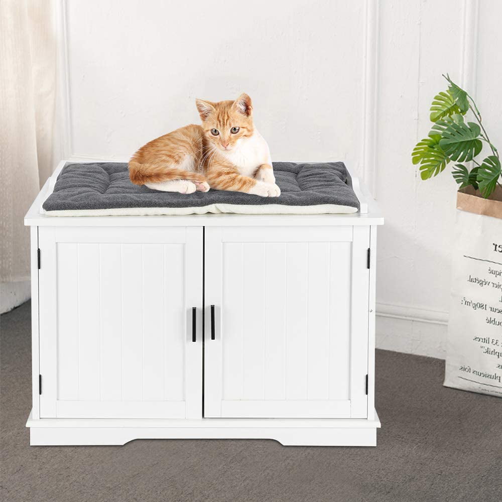 Ktaxon Double-Door Wooden Cat Litter Box Enclosure Cabinet， Indoor Hidden Pet Crate Cat House Bench Furniture，White